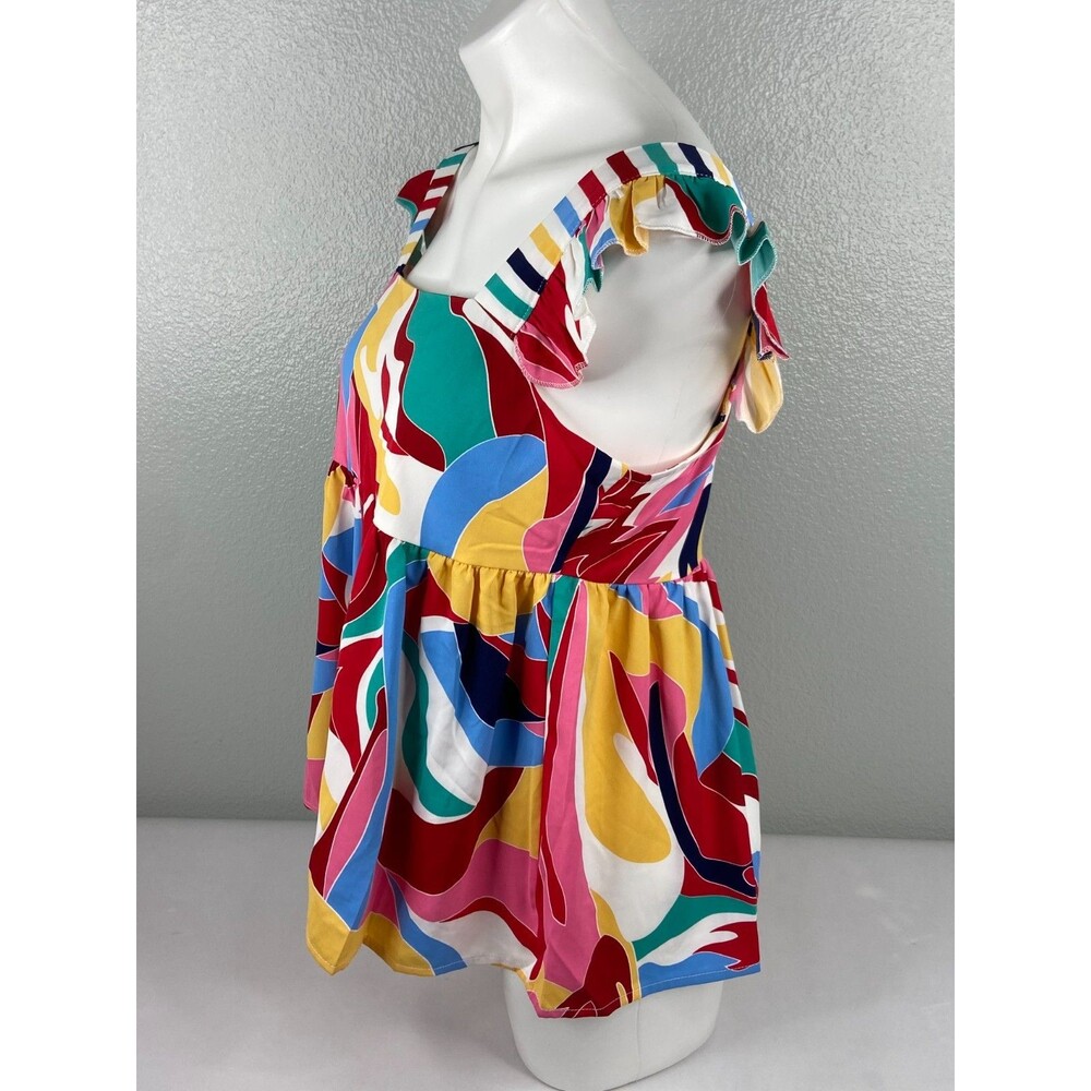 Women Small Abstract Babydoll Top Bright Multi Color Boho Casual NWT - Picture 4 of 9
